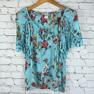 BILA Ruffled Embellished Floral Top in Turquoise Blue, Size S